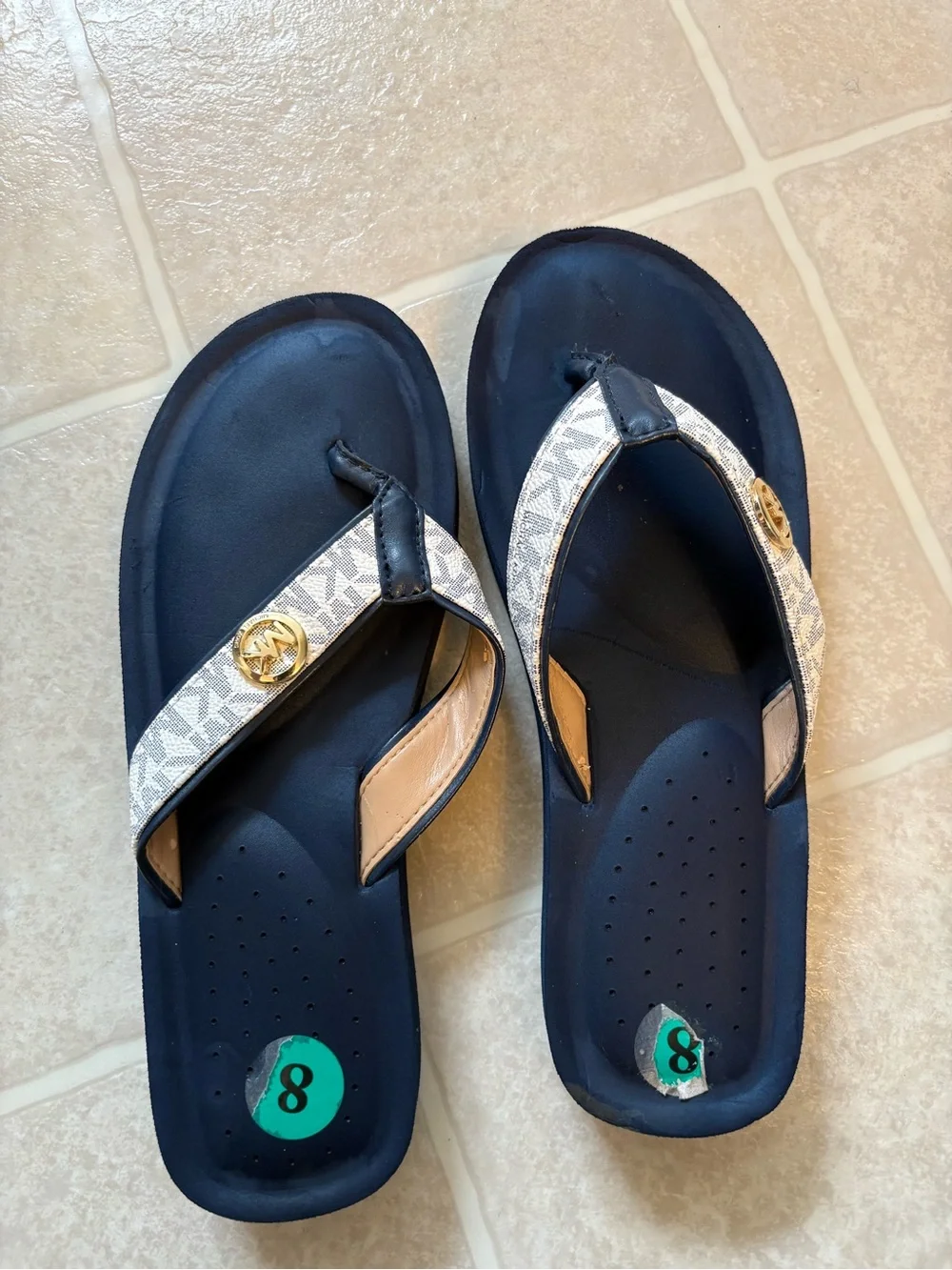 Michael Kors Navy and Beige Logo Flip Flops